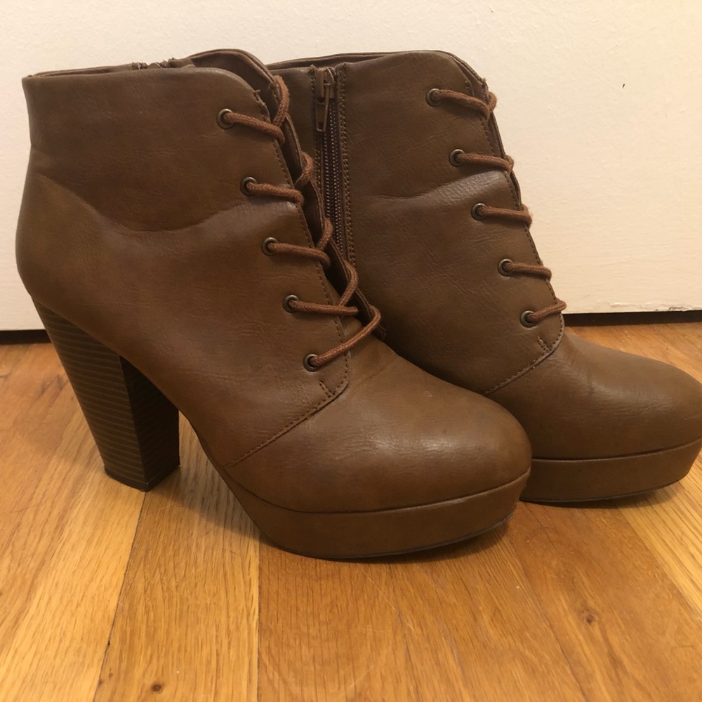 Brown Lace-Up Heeled Booties